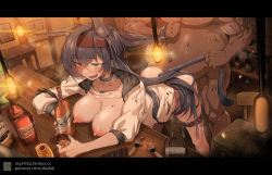 Rule 34 | 1girl, absurdres, animal ears, arknights, ass, bar (place), bent over, black hair, blaze (arknights), blush, bottle, breast rest, breasts, breasts out, cat ears, cat girl, cat tail, ceiling light, clothed female nude male, clothes lift, collar, collarbone, completely nude, condom, crying, crying with eyes open, cup, drooling, drunk, extra ears, fang, fat, fat man, grabbing another&#039;s hair, hairband, hetero, highres, holding, holding bottle, holding cup, indoors, infection monitor (arknights), jacket, large breasts, letterboxed, long hair, lownd, material growth, nipples, no pants, nude, open clothes, open jacket, open mouth, oripathy lesion (arknights), red hairband, saliva, sex, sex from behind, short sleeves, skin fang, standing, standing sex, syringe, tail, tail pull, tears, thigh strap, used condom, very long hair, white jacket