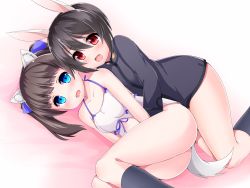 Rule 34 | 10s, 2girls, animal ears, black hair, black socks, blue eyes, blush, brave witches, breasts, brown hair, camisole, cat ears, cat tail, collarbone, fang, georgette lemare, hair ribbon, kneehighs, multiple girls, open mouth, rabbit ears, rabbit girl, red eyes, ribbon, shimohara sadako, shiromisoaji, small breasts, socks, spooning, strike witches, tail, twintails, world witches series, yuri