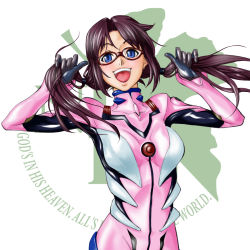 Rule 34 | 00s, 1girl, :d, armpits, blue eyes, bodysuit, breasts, brown hair, cowboy shot, english text, evangelion: 2.0 you can (not) advance, eyebrows, glasses, gloves, hair tie, hands up, happy, holding, holding own hair, logo, long hair, looking at viewer, low twintails, makinami mari illustrious, medium breasts, neon genesis evangelion, nerv, open mouth, parted bangs, pilot suit, plugsuit, purple hair, rebuild of evangelion, red-framed eyewear, renha, shiny clothes, simple background, smile, solo, standing, turtleneck, twintails, white background