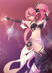 Rule 34 | 1girl, bare shoulders, boots, breasts, choker, elbow gloves, elf, fingerless gloves, gloves, highres, kirishima satoshi, large breasts, long hair, navel, orb, original, pink hair, pointy ears, ponytail, pubic tattoo, purple eyes, solo, tattoo, thighhighs