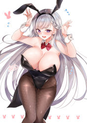 Rule 34 | 1girl, absurdres, animal ears, areola slip, azur lane, belfast (azur lane), black leotard, bow, bowtie, braid, breasts, brown pantyhose, commentary request, detached collar, fake animal ears, fishnet pantyhose, fishnets, hands up, highres, large breasts, leotard, long hair, looking at viewer, neco meito, open mouth, pantyhose, playboy bunny, purple eyes, rabbit ears, red bow, red bowtie, silver hair, simple background, single braid, smile, solo, standing, strapless, strapless leotard, very long hair, white background, wing collar, wrist cuffs