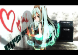 Rule 34 | absurdres, amplifier, aqua hair, bad id, bad pixiv id, bracelet, hatsune miku, highres, jewelry, letterboxed, long hair, merontomari, smile, solo, twintails, vocaloid, wall