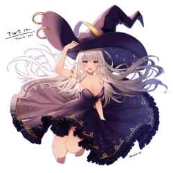 Rule 34 | 1girl, :d, absurdres, arm up, armlet, armpits, bare shoulders, barefoot, black dress, breasts, cleavage, collarbone, commission, dress, floating hair, frilled dress, frills, grey hair, hand on headwear, hat, highres, large breasts, large hat, legs up, long dress, long hair, looking at viewer, open mouth, original, pointy ears, red eyes, second-party source, sidelocks, smile, solo, strapless, strapless dress, usamero, very long hair, witch hat