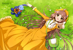 Rule 34 | 00s, 1girl, absurdres, blush, brown eyes, brown hair, choker, detexted, doughnut, dress, female focus, flower, food, grass, hanato kobato, hat, highres, ioryogi, katou hiromi, kobato., long hair, lying, megami magazine, non-web source, official art, on back, open mouth, outdoors, plant, pointing, solo, stuffed animal, stuffed toy, third-party edit, very long hair