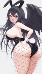 Rule 34 | 1girl, absurdres, animal ears, ass, ass focus, bare shoulders, black hair, bow, bowtie, breasts, fake animal ears, fake tail, fishnets, from behind, grey background, highres, large breasts, leotard, long hair, o1118, open mouth, pantyhose, playboy bunny, rabbit ears, rabbit tail, reiuji utsuho, solo, tail, touhou, wrist cuffs