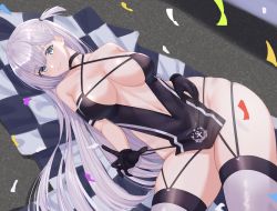 Rule 34 | 1girl, azur lane, bare shoulders, black choker, blue eyes, breasts, breasts apart, checkered flag, choker, collarbone, commentary request, confetti, dress, flag, grey hair, highres, kuwahara taiki, looking at viewer, lying, mole, mole under eye, navel, on back, on ground, one side up, panties, panty pull, panty straps, race queen, revealing clothes, short dress, shoukaku (azur lane), shoukaku (sororal wings) (azur lane), sleeveless, sleeveless dress, smile, solo, thighhighs, underwear, white thighhighs