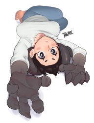 Rule 34 | 1girl, bad id, bad tumblr id, barefoot, black eyes, black hair, blush, breasts, claws, conto, denim, dera (conto), foreshortening, horns, jeans, large breasts, legs folded, looking at viewer, lying, on back, original, pants, sheep horns, shirt, short hair, solo, taut clothes, taut shirt, upside-down