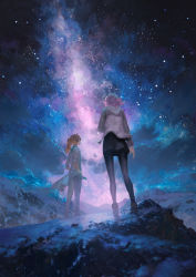 Rule 34 | 1boy, 1girl, absurdres, artist request, black dress, black pantyhose, dress, fate/grand order, fate (series), galaxy, gloves, hands on own hips, highres, jacket, lab coat, light purple hair, mash kyrielight, milky way, mountain, mountainous horizon, night, night sky, orange hair, outdoors, pantyhose, ponytail, romani archaman, short hair, sky, snow, star (sky), starry sky, white gloves