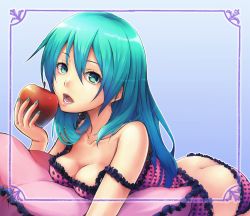 Rule 34 | 1girl, apple, ass, blue hair, breasts, butt crack, cleavage, collarbone, food, fruit, green eyes, hair down, hatsune miku, holding, holding food, holding fruit, long hair, looking at viewer, manmaru tamago, medium breasts, open mouth, pillow, romeo to cinderella (vocaloid), solo, vocaloid