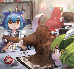 Rule 34 | 3girls, apron, blue hair, chocolate statue, dragon girl, dragon horns, dragon tail, dragonmaid (yu-gi-oh!), dress, duel monster, from behind, green hair, hatano kiyoshi, highres, holding, horns, kitchen, kitchen dragonmaid, laundry dragonmaid, lava golem (yu-gi-oh!), leaf, long sleeves, maid, maid apron, maid headdress, multicolored hair, multiple girls, o o, open mouth, parlor dragonmaid, pink hair, purple hair, red hair, tail, yellow eyes, yu-gi-oh!