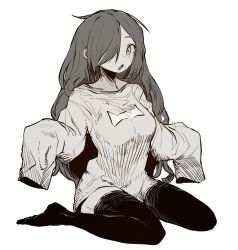 Rule 34 | 1girl, ddari, greyscale, hair over one eye, highres, long hair, long sleeves, looking at viewer, monochrome, no shoes, one eye covered, original, simple background, sitting, sleeves past fingers, sleeves past wrists, solo, thighhighs, wariza, white background