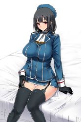 Rule 34 | 10s, 1girl, arm support, ascot, bed, beret, black gloves, black hair, black thighhighs, breasts, garter straps, gloves, hat, ishimiso (ishimura), kantai collection, large breasts, light smile, microskirt, miniskirt, on bed, panties, pantyshot, red eyes, sitting, skirt, solo, takao (kancolle), thighhighs, underwear, upskirt, white panties
