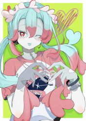 1girl absurdres colored_skin hair_ornament hatsune_miku heart heart-shaped_pupils highres jewelry long_hair looking_at_viewer multicolored_hair okotoba_emaru pink_hair red_eyes shirt short_sleeves simple_background smile solo stitched_face stitches symbol-shaped_pupils twintails vocaloid zombie zombie_(vocaloid)