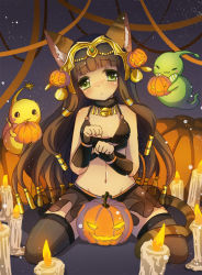 Rule 34 | 1girl, animal ears, bastet (p&amp;d), brown hair, cat ears, cat tail, cockeyed, crown, dark skin, emia wang, green eyes, halloween, jewelry, long hair, lots of jewelry, paw pose, puzzle &amp; dragons, tail, thighhighs, wall-eyed