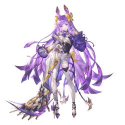 Rule 34 | 1girl, arm at side, asymmetrical bodysuit, cendrillion (granblue fantasy), closed mouth, full body, granblue fantasy, hair ornament, hand up, high heels, long hair, long sleeves, looking at viewer, minaba hideo, official art, pointy ears, prosthesis, prosthetic arm, purple eyes, purple hair, see-through, see-through sleeves, simple background, single leg bodysuit, single thighhigh, solo, standing, thighhighs, transparent background, white thighhighs