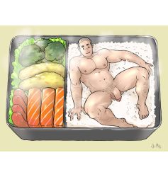 Rule 34 | 1boy, abs, alittlep, bara, broccoli, buzz cut, completely nude, flaccid, food, food focus, from above, full body, highres, large pectorals, leg hair, lettuce, looking at viewer, lunchbox, male focus, male pubic hair, muscular, muscular male, nantaimori, navel, navel hair, nipples, nude, original, pectorals, penis, pubic hair, rice, sausage, short hair, smile, solo, steam, stomach, thick thighs, thighs, uncensored, very short hair
