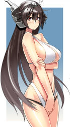 Rule 34 | 10s, 1girl, bare arms, between legs, bikini, black hair, blush, breast hold, breasts, cleavage, halterneck, headgear, kantai collection, kantai collection (anime), large breasts, long hair, looking at viewer, nagato (kancolle), navel, outside border, red eyes, simple background, solo, swimsuit, takamura wamu, very long hair, white bikini