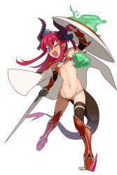 Rule 34 | 1girl, armor, bad id, bad pixiv id, bikini, bikini armor, biting, black thighhighs, blue eyes, blush, breasts, cape, dragon horns, dragon tail, elizabeth bathory (brave) (fate), elizabeth bathory (fate), fate/grand order, fate (series), greaves, high heels, highres, holding hands, horns, long hair, navel, one eye closed, open mouth, pauldrons, purple hair, red armor, shield, shimomoto, shoulder armor, simple background, slime (dragon quest), swimsuit, tail, tears, thighhighs, tiara, white background