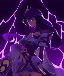 Rule 34 | 1girl, armor, braid, breasts, bridal gauntlets, closed mouth, commentary, electricity, english commentary, flower, genshin impact, hair ornament, japanese clothes, karckade, kimono, long hair, long sleeves, looking at viewer, mitsudomoe (shape), purple background, purple eyes, purple flower, purple hair, raiden shogun, ribbon, sash, shoulder armor, simple background, solo, tassel, tomoe (symbol), wide sleeves