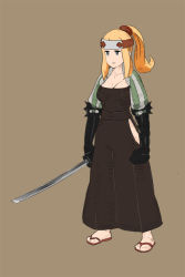 Rule 34 | 1girl, agrias oaks, blonde hair, breasts, brown background, cleavage, fgz, final fantasy, final fantasy tactics, full body, holding, holding sword, holding weapon, long hair, simple background, solo, standing, sword, weapon