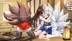 Rule 34 | 2girls, absurdres, after kiss, akagi (azur lane), all fours, animal ears, architecture, azur lane, blue eyes, blunt bangs, blush, breasts, brown hair, cheek pinching, cleavage, east asian architecture, fox ears, fox tail, full body, gloves, highres, indoors, japanese clothes, kaga (azur lane), kimono, large breasts, long hair, looking at another, looking at viewer, multiple girls, multiple tails, pinching, red eyes, saliva, saliva trail, short hair, sitting, skirt, smile, stardust (chen&#039;ai weiding), tail, wariza, white hair, wide sleeves, yuri