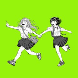 Rule 34 | 2girls, backpack, bag, collared shirt, fang, full body, green background, greyscale with colored background, highres, holding hands, jewelry, long hair, looking at another, multiple girls, nacl 022, necklace, open mouth, original, partially colored, pleated skirt, pointing, popped collar, running, school uniform, shirt, shoes, short hair, short sleeves, shoulder bag, skin fang, skirt, sneakers, socks, wavy hair