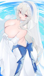 Rule 34 | 1girl, absurdres, alternate costume, arknights, backless dress, backless outfit, blue bow, blue hairband, blush, bow, breasts, bridal veil, chunta, cleavage, commentary, cowboy shot, detached collar, double-parted bangs, downblouse, dress, elbow gloves, from above, gloves, grey hair, hair between eyes, hairband, highres, lace, lace-trimmed collar, lace-trimmed gloves, lace trim, large bow, large breasts, long hair, looking at viewer, open mouth, red eyes, sharp teeth, skirt hold, smile, solo, specter (arknights), standing, strapless, strapless dress, teeth, twisted torso, upper teeth only, veil, very long hair, wedding dress, white dress, white gloves, white veil