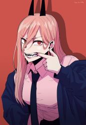 Rule 34 | 1girl, blue jacket, chainsaw man, collared shirt, cross-shaped pupils, demon girl, finger in own mouth, gegegekman, hair behind ear, hair between eyes, hand in pocket, highres, horns, jacket, jacket partially removed, long hair, long sleeves, necktie, open mouth, pink hair, power (chainsaw man), red background, red eyes, shadow, sharp teeth, shirt, signature, solo, symbol-shaped pupils, teeth, upper body, white shirt