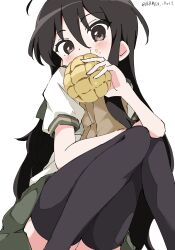 Rule 34 | 1girl, absurdres, black thighhighs, blush, bread, brown eyes, brown hair, commentary, covered mouth, dot nose, eating, feet out of frame, food, green skirt, hair between eyes, highres, holding, holding food, knees up, long hair, looking at viewer, melon bread, puffy short sleeves, puffy sleeves, school uniform, serafuku, shakugan no shana, shana, shirt, short sleeves, simple background, sitting, skirt, solo, thighhighs, twitter username, very long hair, white background, white gorilla (okamoto), white shirt, zettai ryouiki