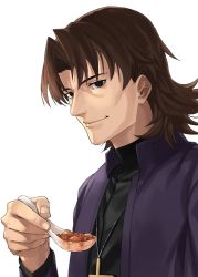 Rule 34 | 1boy, black eyes, black shirt, brown hair, closed mouth, coat, cross, cross necklace, fate/hollow ataraxia, fate (series), food, from side, highres, holding, jewelry, kotomine kirei, latin cross, long sleeves, looking at viewer, male focus, mapo tofu, necklace, open clothes, open coat, parted bangs, purple coat, robe, shirt, simple background, smile, solo, spoon, upper body, white background, zonotaida