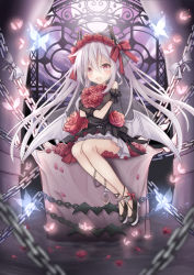 Rule 34 | 1girl, :d, anchor, azur lane, bare shoulders, black dress, black footwear, black gloves, bow, bug, butterfly, chain, commentary request, dress, fang, flower, gloves, hair between eyes, hair bow, hair flower, hair ornament, high heels, highres, insect, long hair, looking at viewer, nishina kakeri, open mouth, pleated dress, red bow, red eyes, red flower, red rose, rose, shoes, silver hair, sitting, smile, solo, twintails, vampire (azur lane), vampire (eloi&#039;s blessing) (azur lane), very long hair, white bow, white flower, white rose