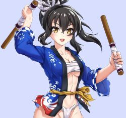Rule 34 | 1girl, absurdres, arms up, ass, bare legs, black hair, brown eyes, chest sarashi, curvy, drumsticks, female focus, fundoshi, gloves, hair ribbon, high ponytail, highres, izumi (queen&#039;s blade), japanese clothes, looking at viewer, navel, open clothes, open mouth, ponytail, queen&#039;s blade, queen&#039;s blade rebellion, rangertycho2077, revealing clothes, ribbon, sarashi, shiny skin, skindentation, slashing, solo, sword, thigh strap, thong, weapon