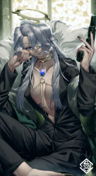 Rule 34 | 1girl, alchemy stars, artist logo, asymmetrical bangs, black nails, black pants, black shirt, blue eyes, blurry, blurry background, breasts, breasts apart, brooch, collarbone, eyepatch, feet out of frame, glint, grey hair, gun, hair over one eye, halo, handgun, hands up, highres, holding, holding gun, holding weapon, indoors, jewelry, lipstick, long hair, long sleeves, looking at viewer, makeup, medium breasts, mole, mole under mouth, nail polish, orewajedman, pants, parted bangs, partially unbuttoned, pollux (alchemy stars), shirt, sitting, solo, weapon