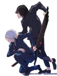Rule 34 | 2boys, black footwear, black hair, black jacket, black necktie, black pants, blue eyes, blue jacket, blue pants, character request, collared shirt, facial hair, grey hair, grey shirt, gridman universe, grin, hair over one eye, highres, holding, holding sword, holding weapon, jacket, long sleeves, looking away, loup, multiple boys, necktie, on one knee, pants, shirt, shoes, simple background, smile, stubble, sword, weapon, weapon behind back, white background