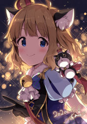 Rule 34 | 1girl, ahoge, animal ear fluff, animal ears, bell, black gloves, blue dress, blue eyes, blush, brown hair, cape, cat ears, commentary, crown, dated, dot nose, dress, frilled sleeves, frills, fur-trimmed collar, fur trim, gloves, highres, idolmaster, idolmaster million live!, idolmaster million live! theater days, ima (lm ew), mini crown, puff and slash sleeves, puffy sleeves, short hair, short sleeves, sidelocks, signature, simple background, smile, solo, sparkle, sparkle background, stuffed animal, stuffed cat, stuffed toy, suou momoko, upper body