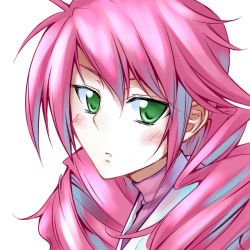 Rule 34 | 00s, 1girl, blush, close-up, drill hair, feldt grace, green eyes, gundam, gundam 00, ihara natsume, looking at viewer, parted lips, pink hair, simple background, solo, twintails, white background