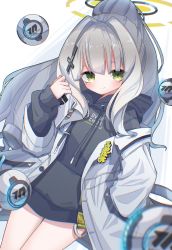 Rule 34 | 1girl, absurdres, blue archive, drone, green eyes, halo, hare (blue archive), highres, hood, hoodie, lab coat, ponytail, school uniform, thighs, veni tsubaki, white hair
