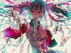 Rule 34 | 1girl, aqua hair, bad id, bad pixiv id, detached sleeves, hand on own chest, hatsune miku, long hair, mizuyu, mousou zei (vocaloid), mouth hold, nail polish, necktie, paper, red eyes, solo, twintails, vocaloid