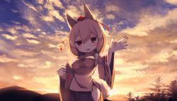 Rule 34 | 1girl, :d, absurdres, animal ears, black skirt, breasts, chii (tsumami tsumamare), clothing cutout, cowboy shot, gradient sky, hair between eyes, hat, highres, inubashiri momiji, long sleeves, looking at viewer, medium breasts, mountain, multicolored sky, open mouth, pom pom (clothes), red eyes, red neckwear, ribbon-trimmed sleeves, ribbon trim, short hair, skirt, sky, smile, solo, standing, sun, tail, tokin hat, touhou, tree, waving, white hair, wide sleeves, wolf ears, wolf tail