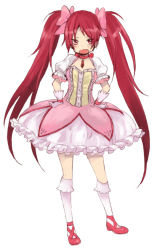 Rule 34 | 1girl, bobby socks, bow, choker, cosplay, dress, fang, gloves, hair bow, hands on own hips, kaname madoka, kaname madoka (cosplay), kaname madoka (magical girl), kneehighs, long hair, magical girl, mahou shoujo madoka magica, mahou shoujo madoka magica (anime), open mouth, petticoat, puffy sleeves, red eyes, red hair, ribbon choker, sakura kyoko, simple background, socks, solo, tomo (wolf61), twintails, very long hair, white background, white gloves, white socks, wolf61