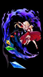 Rule 34 | 1girl, ascot, black background, blonde hair, crystal, fire, flandre scarlet, flying, frilled skirt, frills, hand on own chest, hat, hat ribbon, jpeg artifacts, magic, mary janes, mob cap, outstretched arm, red eyes, red skirt, ribbon, shoes, short hair, short sleeves, side ponytail, skirt, solo, touhou, wings, yuri (anachronic)
