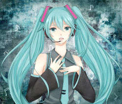 Rule 34 | 1girl, aqua eyes, aqua hair, bad id, bad pixiv id, detached sleeves, hand on own chest, hands on own chest, hatsune miku, headset, long hair, musical note, necktie, open mouth, solo, tears, twintails, very long hair, vocaloid, yukichi (rengeron)