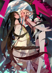 Rule 34 | 2girls, bare shoulders, black eyes, black hair, blonde hair, chang&#039;e, chinese clothes, earth (planet), feeding, foreshortening, from below, glasses, hair ornament, hair stick, highres, japanese clothes, kanzashi, kimono, long hair, moon rabbit, muhaikei, multiple girls, off shoulder, original, personification, red eyes, space, torii, very long hair