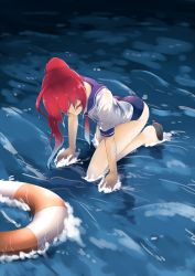 Rule 34 | 10s, 1girl, ahoge, all fours, highres, i-168 (kancolle), innertube, kantai collection, long hair, nassukun, ponytail, red eyes, red hair, sailor collar, school swimsuit, school uniform, see-through, serafuku, solo, swim ring, swimsuit, swimsuit under clothes, water, wet, wet clothes