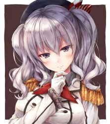 Rule 34 | 10s, 1girl, blue eyes, blush, breasts, epaulettes, female focus, finger to own chin, gloves, hat, kantai collection, kashima (kancolle), large breasts, looking at viewer, military, military uniform, silver hair, smile, solo, suien, twintails, twitter username, uniform, upper body, wavy hair, white gloves