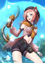 Rule 34 | 1girl, :d, adsouto, aged up, animal ears, black headwear, black shorts, blue eyes, bow, breasts, cat ears, cat girl, cat tail, choker, diona (genshin impact), fang, genshin impact, gloves, high-waist shorts, highres, holding, jewelry, long hair, midriff, navel, open mouth, outdoors, pendant, pink hair, short shorts, shorts, small breasts, smile, solo, standing, stomach, tail, tail bow, tail ornament, watermark, web address, white choker, white gloves, yellow bow