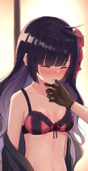 Rule 34 | 1girl, absurdres, black hair, blunt bangs, blush, bra, breasts, brown gloves, chizu ranka, closed eyes, closed mouth, collarbone, colored inner hair, embarrassed, female focus, gloves, grey hair, highres, lingerie, long hair, magia record: mahou shoujo madoka magica gaiden, mahou shoujo madoka magica, midriff, multicolored hair, red bra, red ribbon, ribbon, small breasts, solo focus, stomach, suzugahama, two-tone hair, underwear