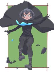 Rule 34 | 1girl, arm up, bird tail, black cape, black eyes, black gloves, black hair, black leggings, black sweater, blue hair, cape, crotch seam, dark-skinned female, dark skin, feathers, full body, gloves, highres, kemono friends, leggings, looking at viewer, medium hair, midair, multicolored hair, open mouth, outstretched arms, smile, solo, spread arms, superb bird-of-paradise (kemono friends), sweater, tail, tanabe (fueisei), teeth, turtleneck, turtleneck sweater, upper teeth only