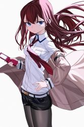 Rule 34 | 1girl, belt, black pantyhose, black shorts, blouse, blue eyes, brown hair, cellphone, commentary request, dress shirt, flip phone, hair between eyes, hand on own hip, highres, holding, holding phone, jacket, lab coat, long hair, looking at viewer, luicent, makise kurisu, necktie, pantyhose, phone, red hair, red necktie, shirt, shorts, simple background, solo, steins;gate, white background, white belt, white shirt
