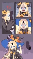 Rule 34 | 1girl, ?, ??, abigail williams (fate), alternate costume, annoyed, bad id, bad pixiv id, black bow, black dress, blush stickers, bow, clenched hand, comic, disembodied penis, dress, facial mark, fate/grand order, fate (series), forehead mark, frown, garland (decoration), hair bow, hands in opposite sleeves, hat, hat bow, highres, key, keyhole, litamisu, open mouth, orange bow, penis, penis on face, scared, silent comic, stuffed animal, stuffed toy, sweatdrop, tears, teddy bear, witch hat
